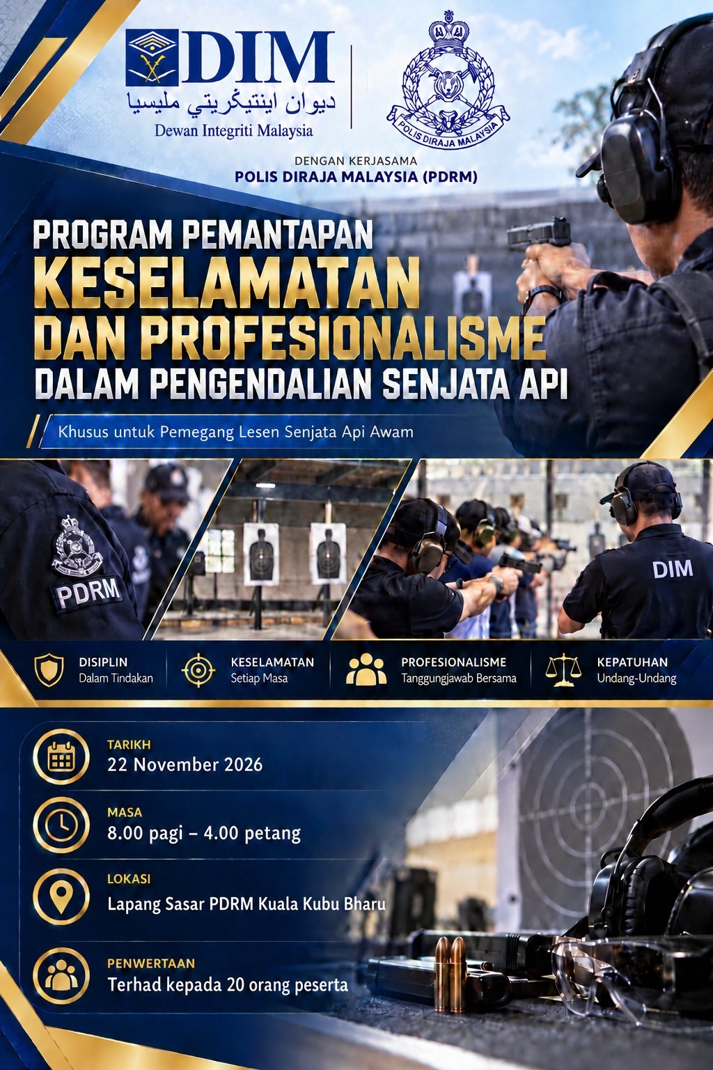 Poster Program Pemantapan Keselamatan dan Profesionalisme Pengendalian Senjata Api anjuran Dewan Integriti Malaysia dengan kerjasama PDRM, 22 November 2026 di Lapang Sasar PDRM Kuala Kubu Bharu.