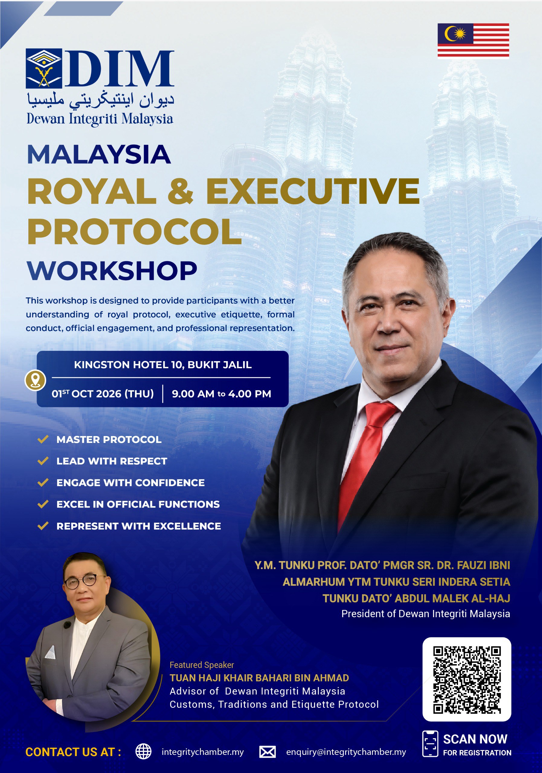 Poster Malaysia Royal & Executive Protocol Workshop anjuran Dewan Integriti Malaysia, 1 Oktober 2026 di Kingston Hotel 10, Bukit Jalil.
